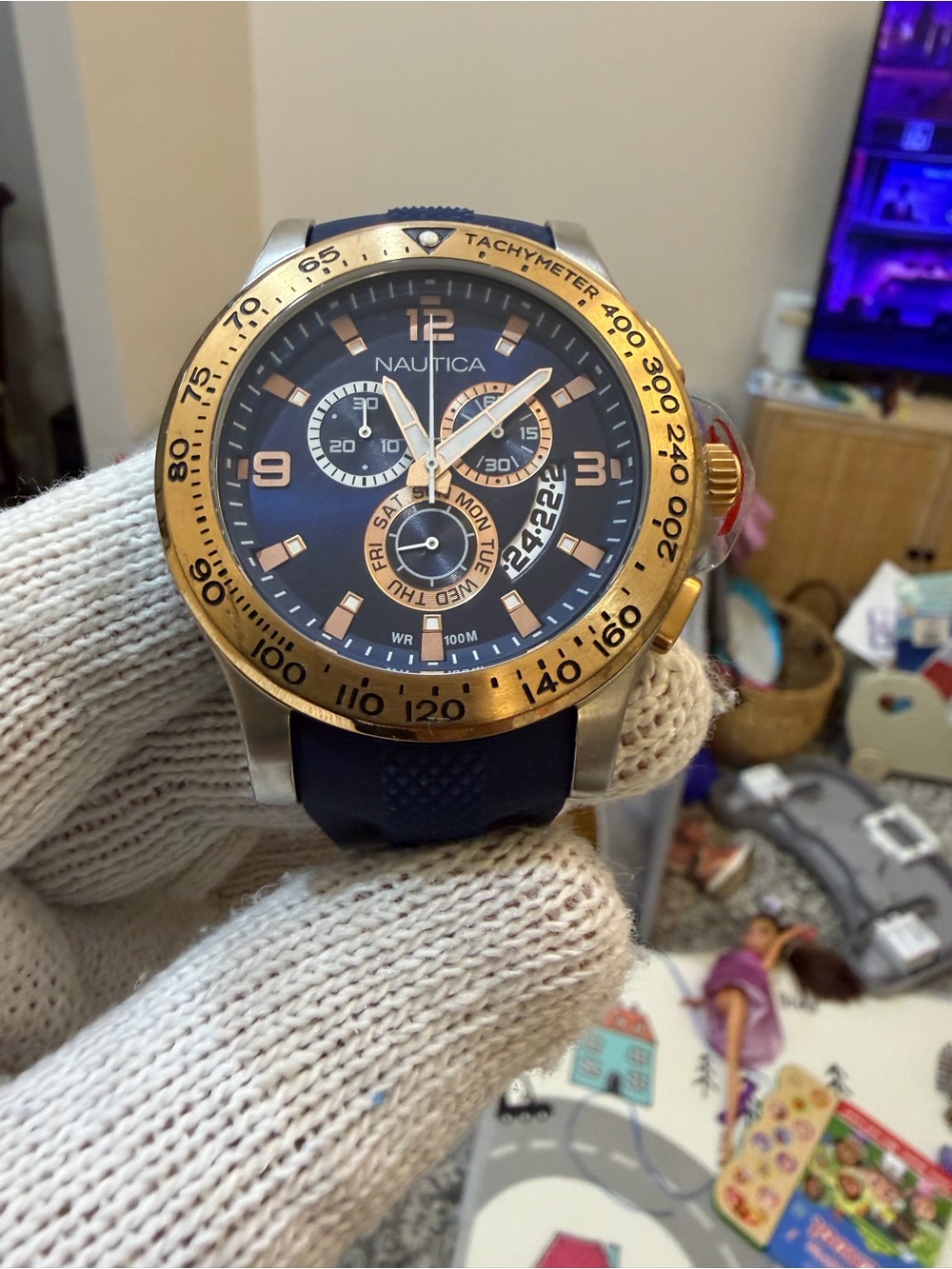 Nautica NST Chronograph Mens Watch Blue Dial Gold Bezel Silicone Sport NAD19502G